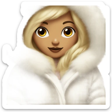Tanned Girl with lashes , blonde hair, in an extremely big fluffy oversized white fur coat with hood on. The fur is real and it’s very obvious big and fluffy like in Pinterest  sticker