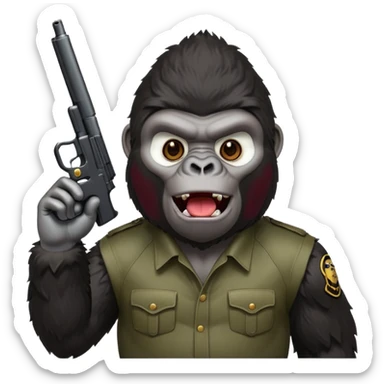 A gorilla holding a gun in the air making a silly face sticker