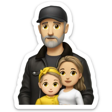 White-skinned slavic man with stubble, gray beard, brown hair, black eyes, black Reebok cap, leather jacket, holding infant girl in yellow dress with yellow bow. sticker
