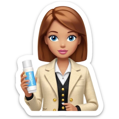 A Barbie girl with blue eyes, shoulder-length reddish-brown hair, made-up, in a white tweed jacket and black skirt, holding a tube of pale yellow face cream sticker