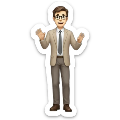 To belt Actively gesturing with hands Pale skinned fit man teacher with dark brown hair in gray jacket, beige office shirt, brown tie, brown pants and vintage glasses. sticker