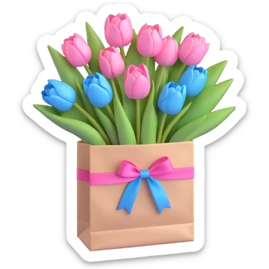 a white paper bag filled with pastel blue tulips, tied with a pink ribbon, soft blue pastel colors, smooth shadows, simple and minimalistic, 3D iOS emoji style sticker