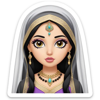 Arab nose, pretty lips, tatreez clothes, fair skin,  long black hair, veil, pretty bratz baddie, black eyeliner sticker