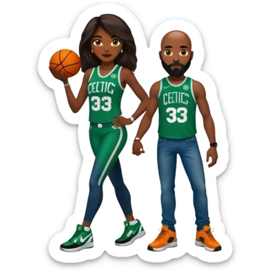 48-year-old dark skin black woman with brown eyes, long dark brown hair dressed in sexy Boston 
celtics outfit & wearing stilettos. A White bald white man with orange beard & facial hair. He has blue eyes, is wearing a Jason Tatum Boston Celtics Jersey, jeans & green Nike sneakers  sticker