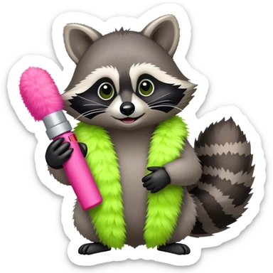Raccoon wearing a lime green boa holding pink pepper spray sticker