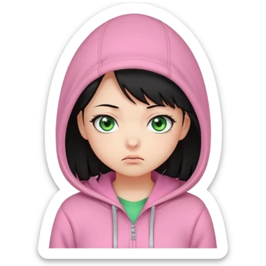 Cute chibi-style emote with exaggerated facial expressions, rounded proportions, and soft colors inspired by kawaii aesthetics.  Perplexed or uncertain look, raised eyebrow or tilted head, slightly funny and relatable. female with black hair and greeneyes wearing a pink hoodie sticker
