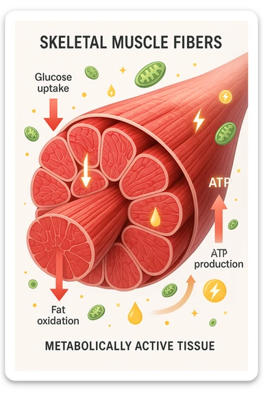 a highly detailed cross-section of human skeletal muscle fibers, shown in vibrant red and pink tones, with visible striations and realistic texture. Glowing arrows and animated icons represent active metabolic processes—such as glucose uptake, fat oxidation, and ATP production—occurring within the muscle tissue. Surrounding the muscle, floating symbols for mitochondria and energy highlight its metabolic activity. The background is clean and clinical, with subtle labels and infographics explaining that muscle is a metabolically active tissue. The overall style is modern, scientific, and visually engaging, suitable for educational or medical use. in italiano sticker