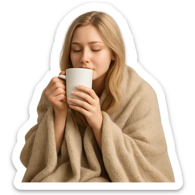 blonde girl wrapped in a blanket, sipping coffee with eyes closed, cozy and peaceful sticker