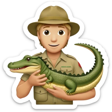 Cinematic Realistic Steve Irwin Portrait Emoji, in his signature khaki attire, holding a crocodile or giving an excited thumbs-up. The scene is lit with vibrant, natural sunlight, emphasizing his adventurous spirit and deep connection to nature. sticker