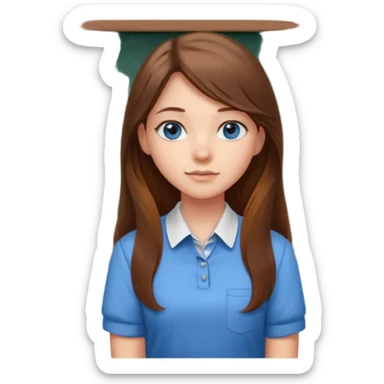 high school class room with a pretty female high school student with long brown hair, blue eyes sitting in front of the blackboard sticker