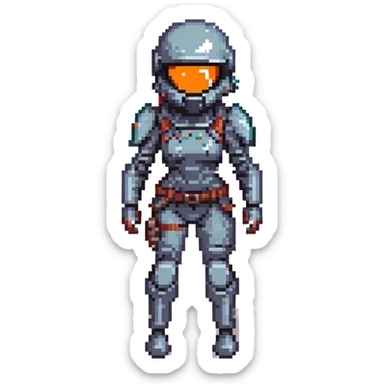 pixel art of a female space warrior in a strengthened helmet with a black visor, tactical armor, floating in zero gravity, reaching forward, EVA operation sticker