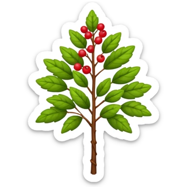 A tall shrub with layered leaves and a few small berries. sticker