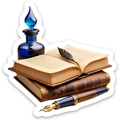Create a vibrant emoji representing prose writing with an old-style, antique look. The design should include semi-turned pages of an old book with unfinished prose written on them. Add a vintage ink bottle (inkwell) and a classic fountain pen or quill with black or dark blue ink flowing onto the pages. Use warm, earthy tones like deep browns, golds, and creams for the book and ink bottle, with subtle ink splatters for an artistic touch. The overall style should evoke a sense of timeless storytelling and literary craftsmanship. Make the background transparent. sticker