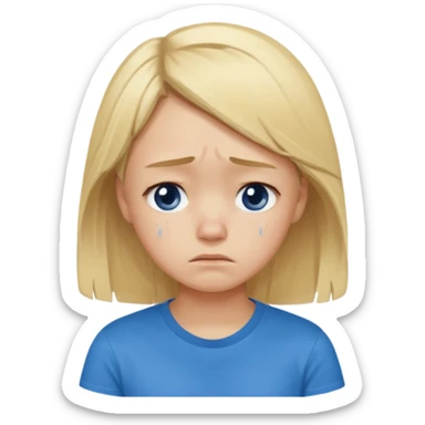 Young girl with blonde hair and a blue T-shirt, looking sad and discouraged sticker