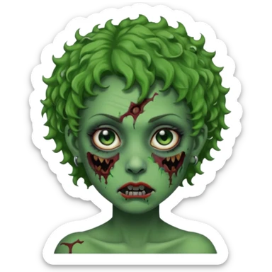 faça uma cabeça verde de zumbi femenina, com im cabelo curtinho cacheado, piercing no nariz, e brincos na orelha e várias cicatrizes, deixe ela macabra sticker