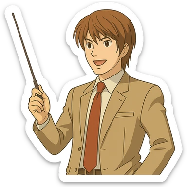 Light Yagami in Ghibli style, standing and pointing a teacher's stick upward, confident expression, transparent background. sticker