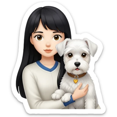 Girl with long black hair and bangs holding a white schnauzer dog sticker