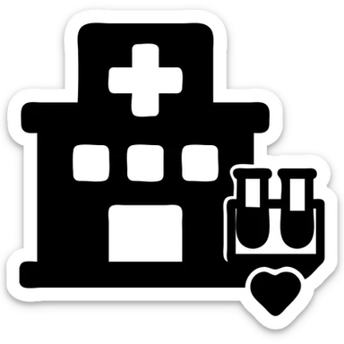 Modern clinic building facade with a red cross medical symbol, test tubes and a small heart icon, clean professional medical facility sticker