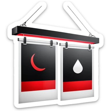 Darkroom with red safelight and hanging film negatives drying sticker