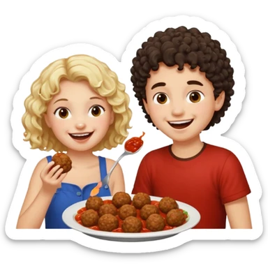 Ragazza bionda leggermente riccia che ride ad un ragazzo con i capelli ricci scuri mentre mangia polpette sticker