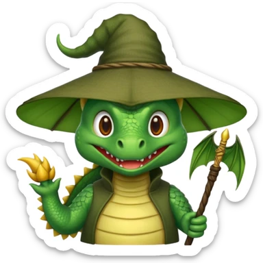 ein Drache mit einem Zauberstab in der Hand  und einem Hud  auf dem kopf und ein schnurbard  sticker