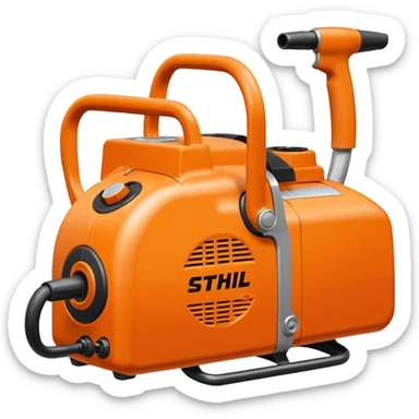 Motorsäge vom STIHL mit grauem Gehäuse, orangenem Deckel und schwarzen Griffen sticker