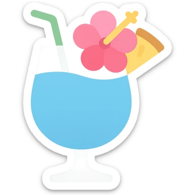 tropical fruity blue cocktail with hibiscus and pineapple garnish sticker