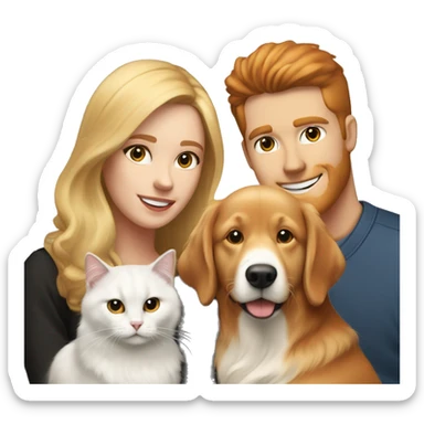 Family portrait with a smiling blonde woman, red-haired man, golden retriever sitting beside them, and black-and-white cat sitting in front. sticker