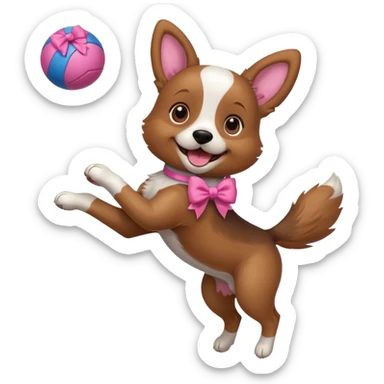 girly dog with a pink bow jumping in the air to catch a ball sticker