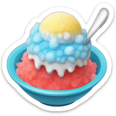 Mound of shaved ice (snow cone) in a dessert bowl with a short spoon sticker