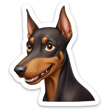 cinematic-comical-doberman pinscher-portrait-emoji,-head-tilted-dramatically-with-an-exaggeratedly-amused-expression,-featuring-a-vibrant-black and tan-fur-with-a-lively-sheen,-wide,-expressive-brown-eyes-filled-with-playful-disbelief sticker