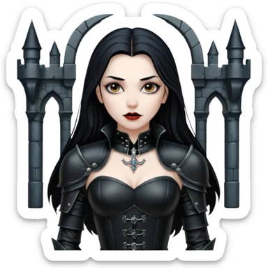 Vampire woman in black leather armor, exposed shoulders, cold desire, gothic castle interior sticker