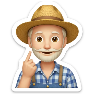 “A single emoji-style character combining 👨‍🌾😄 and 🤔: a smiling farmer man with a straw hat, friendly face, and light beard, holding one hand under his chin in a thinking gesture. His index finger rests under his face, eyes looking slightly upward as if thinking.  sticker