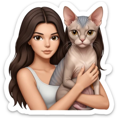 brunette Kendall Jenner with long hair holding on the hands grey white Sphynx sticker