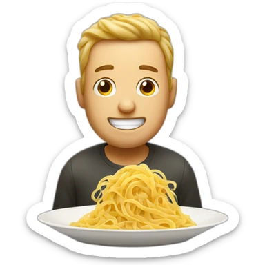 A hungry man in front of a plate of pasta sticker
