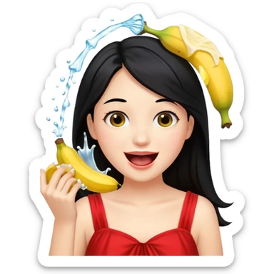 a girl with black hair and red dress rinsing mouth with pale yellow water coming out from a banana above her head sticker