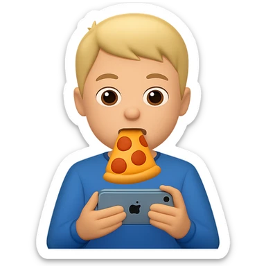 Change the food to pizza, keep the boy watching videos on his phone, emoji style, casual clothes, with no background. The style should resemble apple style emojis. sticker