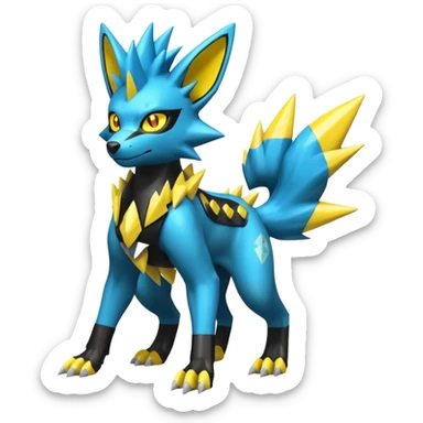 Shiny badass cool edgy spikey fluffy realistic cyan yellow white electric complex futuristic Zeraora-Luxray-Electrike-Umbreon-Manectric-Weregarurumon-fusion-creature (full body) (4 legs) sticker