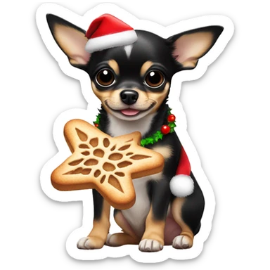 black & tan chihuahua puppy holding a christmas cookie sticker