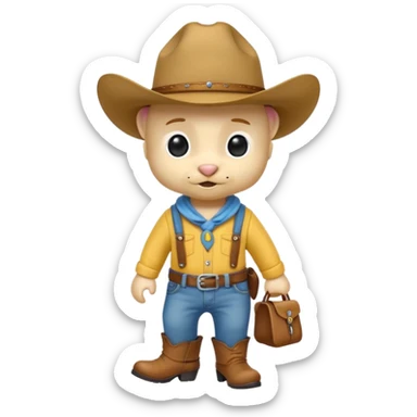 a very cute and adorable anthropomorphic puppy with a cowboy hat ,yellow shirt and blue jeans and brown boots is walking  sticker