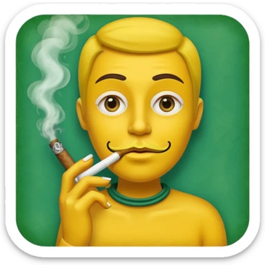Hazme una carita amarilla aturdida con un cigarro en la boca soltando humo, el cigarro es de papel de liar y dentro está relleno de un tabaco verde sticker