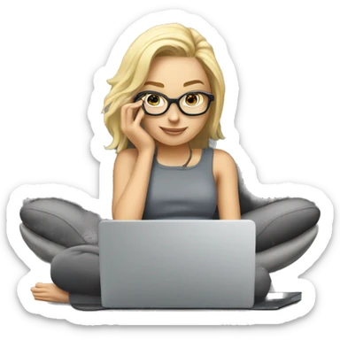 Blond girl laying on a grey couch with grey pillows with glasses on and a laptop on small table in front with coffee cup on mouse pad sticker
