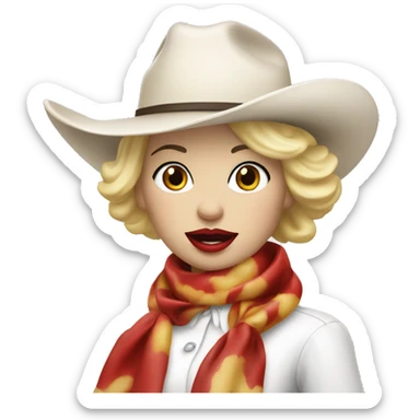 cowgirl with a white hat and white ASCOT scarf and blonde short hair with red lipstick eating hotdog sticker
