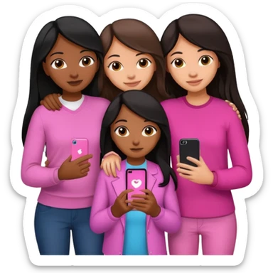 3 brown girl friends with a phone on their hand, one with black long hair light skin,  one with brown hair long and the other one with black with brown medium length hair . Wearing pink glammed up and hugging  sticker
