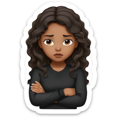 Hispanic girl with dark long wavy hair crossing her arms while pouting and wearing a black long sleeve shirt sticker
