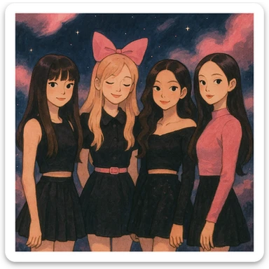 illustration inspired by BLACKPINK in Ghibli style, featuring black and pink colors, dreamy lighting, soft painterly textures, whimsical K-pop pop star vibe sticker