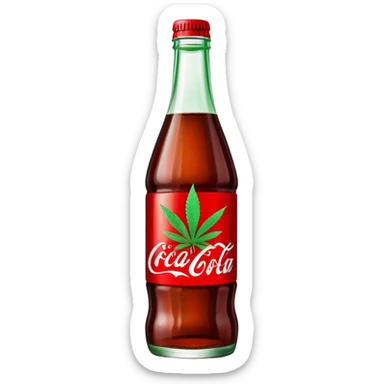iconic curved Coca-Cola style glass bottle in red with a green cannabis leaf and "red pop" text on the label sticker