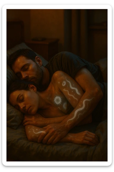 A hyper-realistic, cinematic image of a man and a woman sleeping together in the same bed under soft, dim night lighting, with their bodies close and touching. Their skin appears slightly illuminated where it touches, and under a subtle x-ray style overlay, faint ghostly silhouettes of microscopic parasites and worm-like organisms are visible crawling transdermally between their bodies, symbolizing silent, unnoticed parasite transmission during sleep. The environment is a cozy bedroom with warm tones, but the presence of the glowing parasites creates a slightly unsettling feeling, emphasizing the hidden danger. Their faces are calm, unaware, symbolizing the unconscious nature of the transmission. The image is detailed with a 35mm film hyperrealistic aesthetic, focusing sharply on the point of contact between their skin where the parasites pass, while the background remains softly blurred. The color palette uses muted warm browns and soft moonlight blues to maintain a nighttime, intimate feeling, contrasting with the translucent, glowing parasites to illustrate the hidden risk of transdermal parasite transmission while sharing a bed sticker