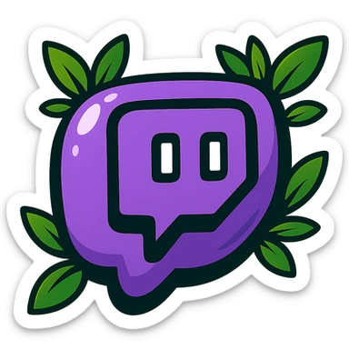 Very rounded, puffy Twitch logo in cartoon style, thick outline, dramatic shadows, shiny highlights, surrounded by vivid leaves, no background. Focus on contours, shadows, and glossy effects, matching the reference style. sticker