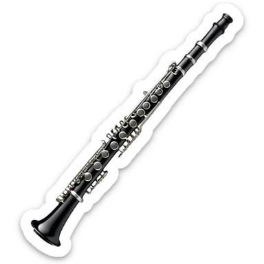 Create an elegant and refined emoji representing A clarinet. The design should showcase the sleek, black wood finish of the clarinet with its shiny metal keys and elegant detailing. Include the distinct, high-quality features, giving it a modern and sophisticated look. Add subtle elements like the mouthpiece with the reed, emphasizing its importance in sound production. Use dark tones like ebony, silver for the keys, and soft light reflections to evoke a professional, classical feel. The background should be transparent. sticker